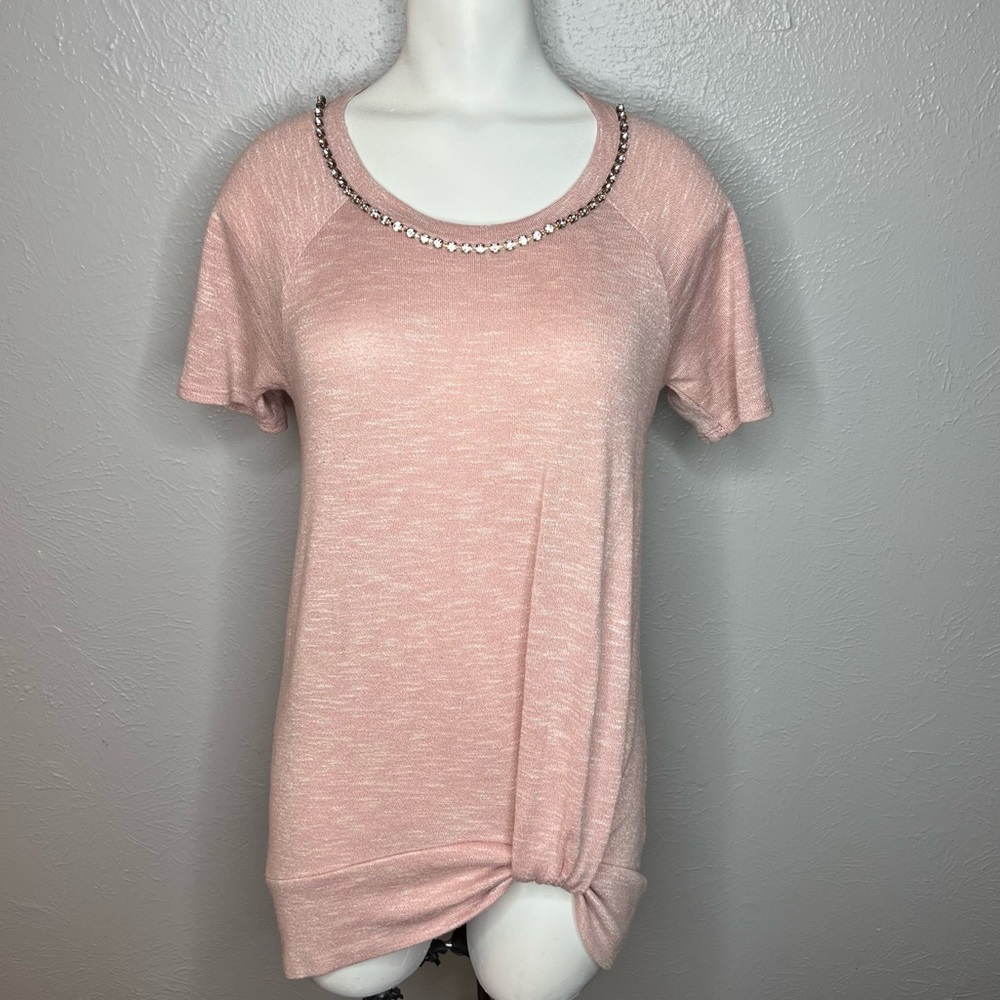 Juicy Couture Pink Short Sleeve Top with Gem Studded Collar. Size Small